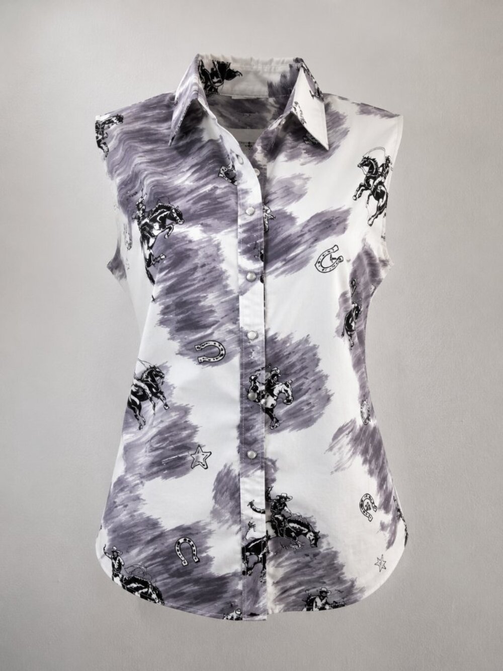 Vintage 90s Rough Rider Western Rodeo Cowboy Print Sleeveless Snap Shirt Wmns Md